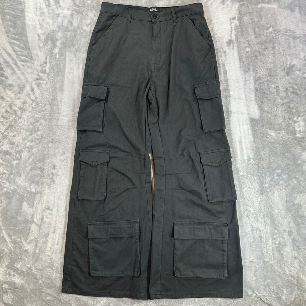 New BoohooMAN Extreme Baggy Wide Leg Cargo Pants Mens 32 Charcoal Gray Pants